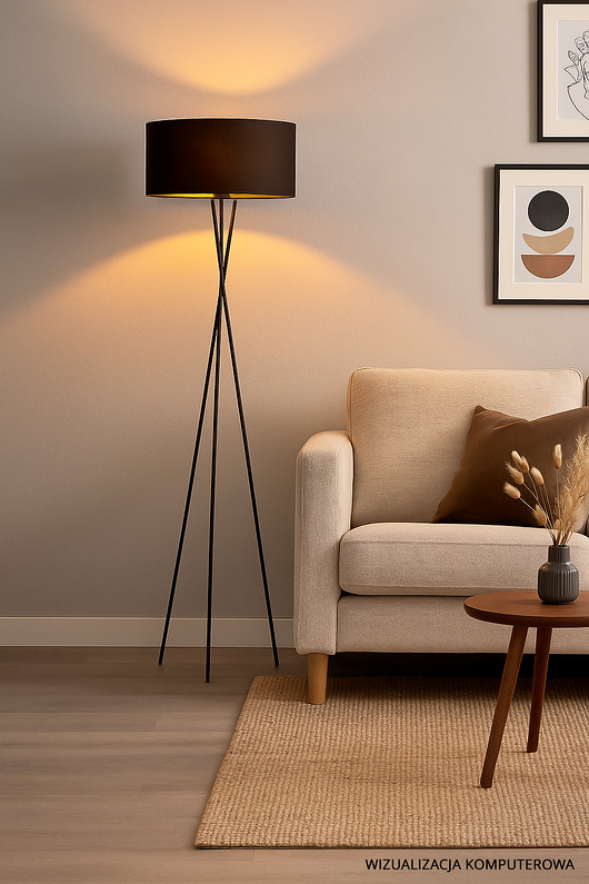 lampy podłogowe Czarna lampa stojąca na trójnogu do salonu PARYŻ GOLD z abażurem