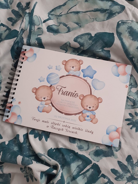 notatniki i albumy Niebieskie misie personalizowany album pamiątka chrztu dla chlopca