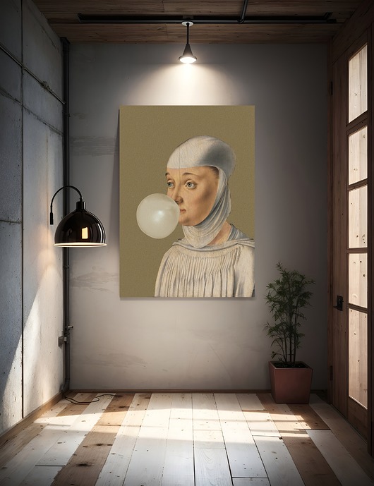 grafiki i ilustracje Grafika na płótnie - Kobieta z Gumą Balonową OLIWKOWY