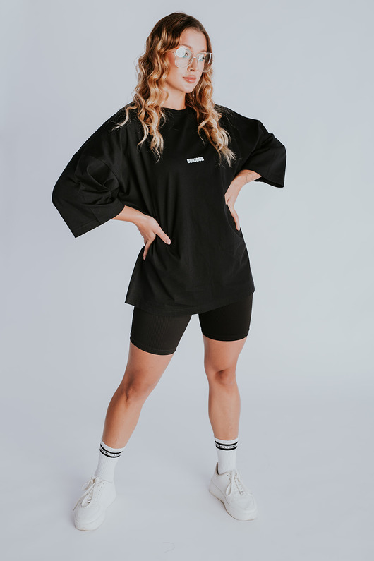 t-shirt damskie Czarna koszulka oversized z napisem BONJOUR