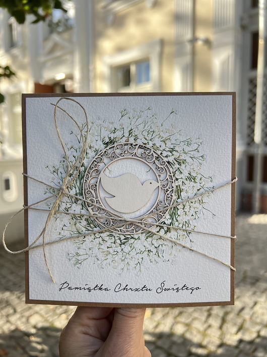 kartki, zaproszenia na chrzest Wyjątkowa ręcznie robiona kartka na chrzest od matki chrzestnej, ojca, dziadk