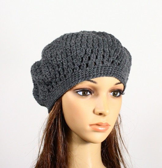 czapki damskie Ciemnoszary retro beret robiony szydełkiem