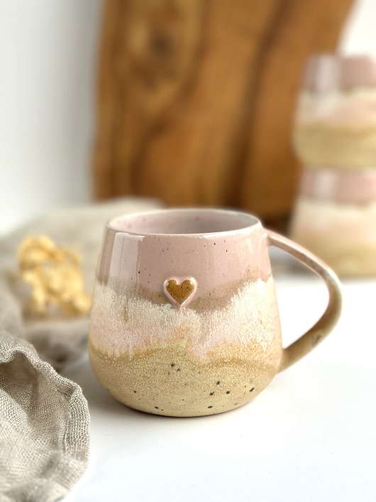 kubki Kubek Beczułka ręcznie robiony z sercem320 ml - Różowe migdały