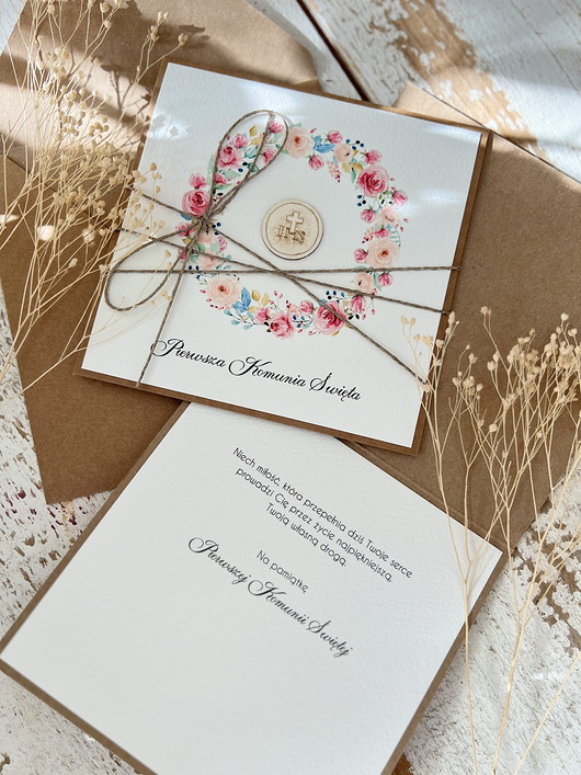 kartki na komunię Ręcznie robiona kartka na komunię z życzeniami