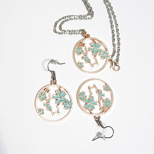 komplet biżuterii Komplet - Kot w kwiatach - kolczyki i naszyjnik