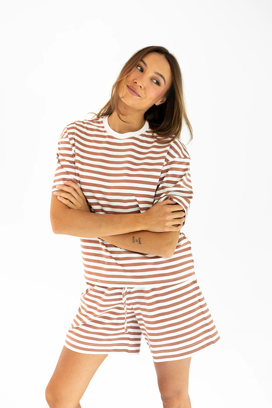 t-shirt damskie Bluzka Joy Paski Koniak