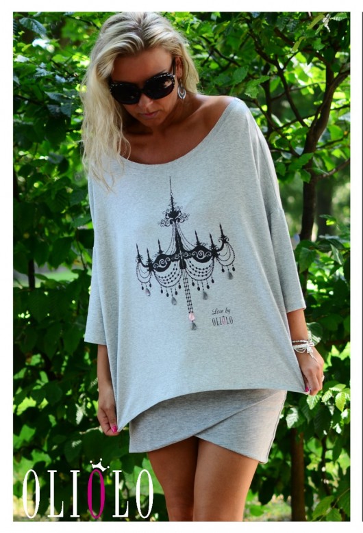 Bluzka szara OLIOLO Retroo z żyrandolem Oversize Pudrowy Różowy
