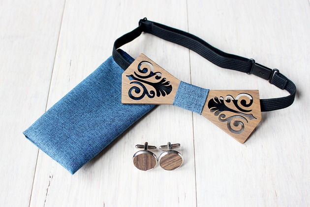 muszki i krawaty Zestaw z drewnianą muszką FOLK denim blue