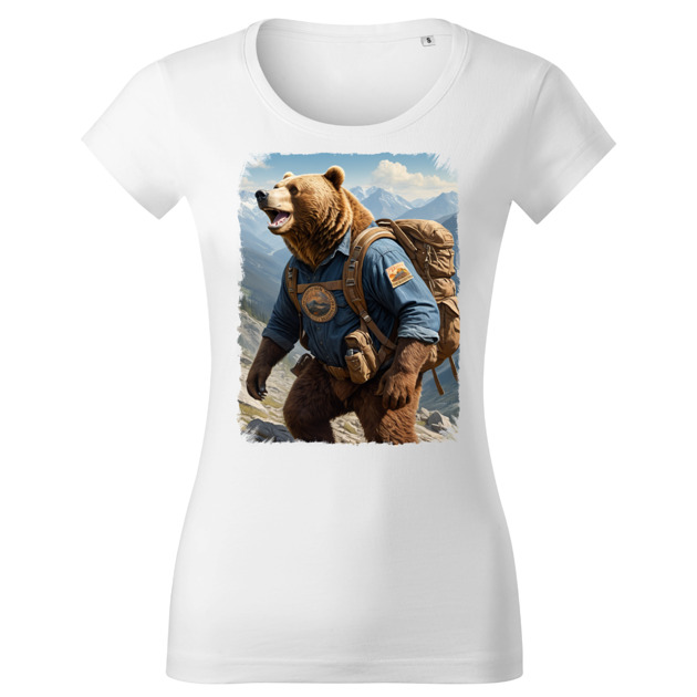 t-shirt damskie Tatra Art i niedźwiedź na górskim szlaku z plecakiem damska