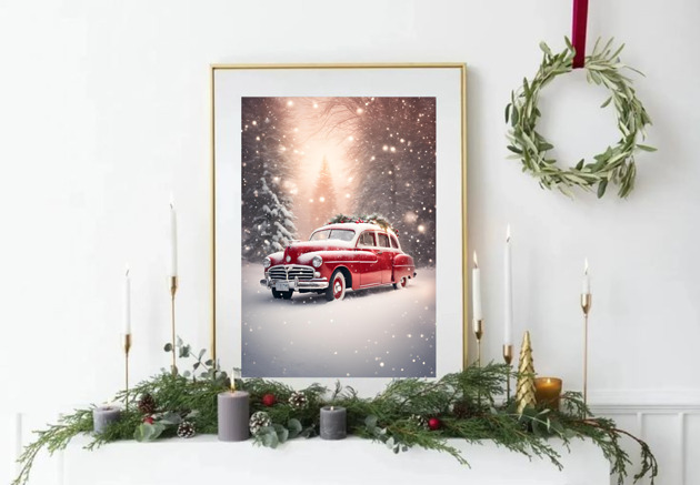 fotografia PLAKAT świąteczny, zimowa dekoracja, vintage auto