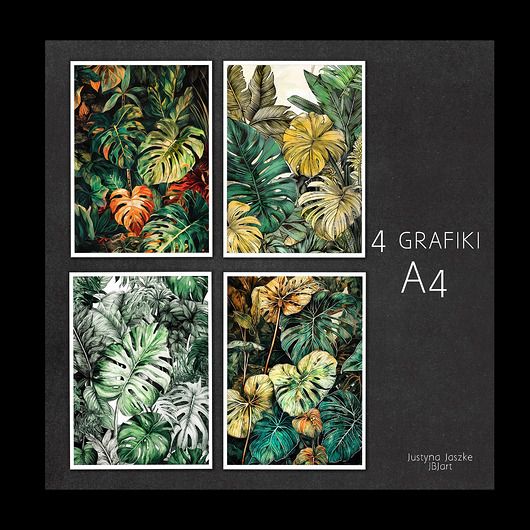 grafiki i ilustracje Zestaw 4 grafik A4 - Monstera liście