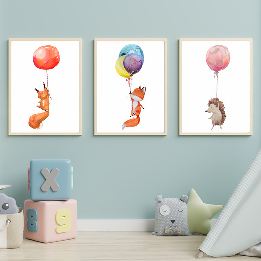 Zestaw 3 obrazki plakaty lis jeż balony Dekoracjan