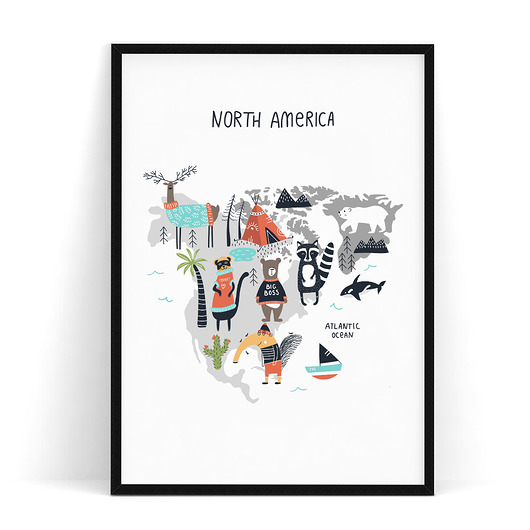 Plakat dziecięcy North America/mapa zwierzęta trochę na ścianę