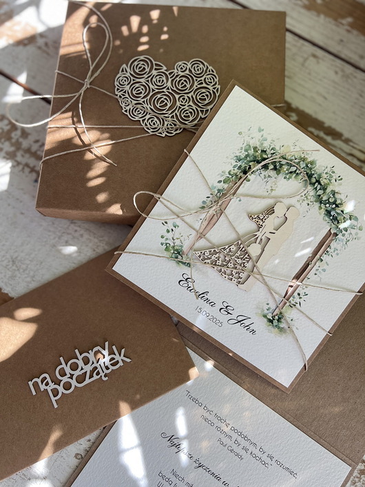 zaproszenia i kartki na ślub Wyjątkowa kartka ślubna, na ślub w pudełku ręcznie robiona