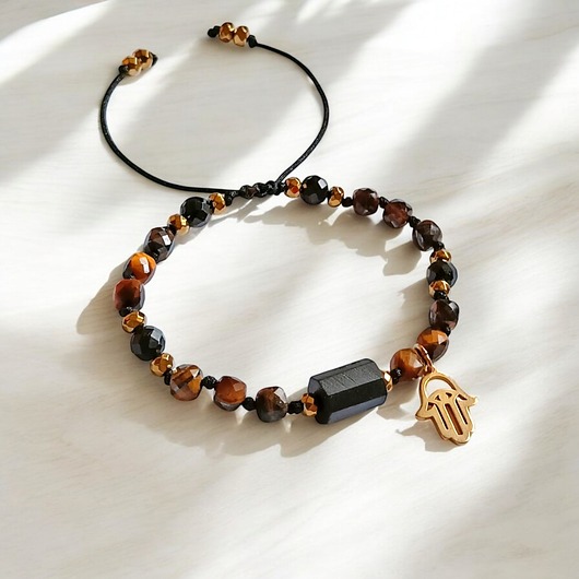 bransoletki z kamieni naturalnych OCHRONA, SIŁA - czarny turmalin, tygrysie oko, HAMSA