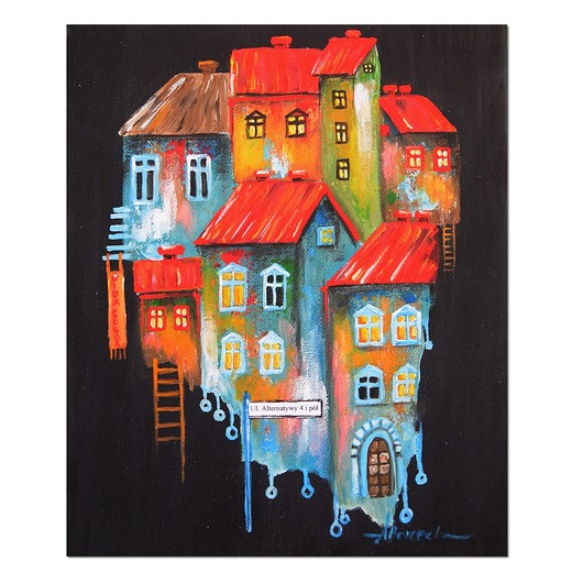 obrazy Kolorchatkowo I, obraz kolorowe domki ręcznie malowany na płótnie