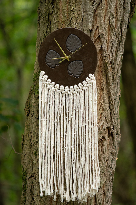 zegary Ceramiczny zegar ścienny z makramą handmade monstera