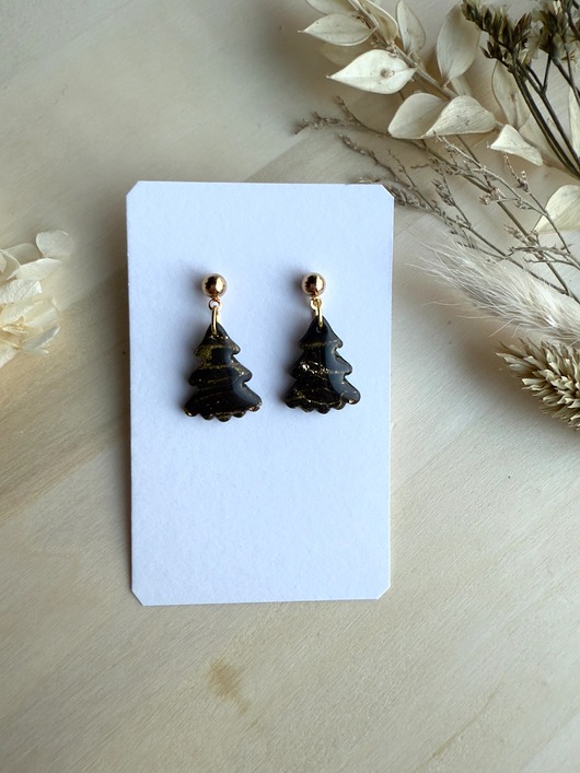 kolczyki z masy plastycznej Kolczyki Choinki - czarno-złote