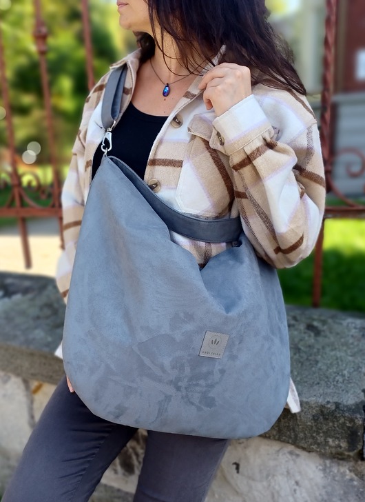torby na ramię Zamszowa duża torba worek Szara