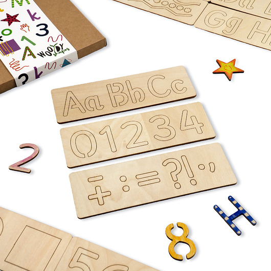 klocki i zabawki drewniane Szablony drewniane dla dzieci // Zestaw 15 szt. // ALFABET I CYFRY