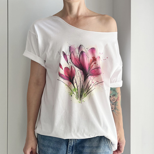 t-shirt damskie Krokusy Biały Oversize
