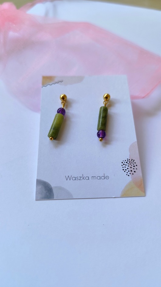 kolczyki z kamieniami Kolczyki asymetryczne akwamaryn  i ametyst