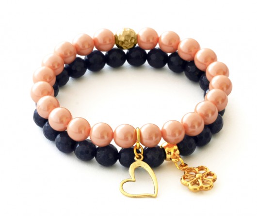 Salmon pearl & navy blue jade set. Lavoga