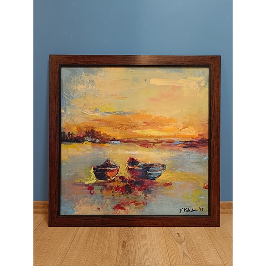 obrazy Oprawiony obraz, ręcznie malowany na płycie MDF 70x70 cm - Łódki