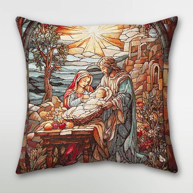 poduszki z grafiką Poduszka gobelinowa z witrażem z szopką