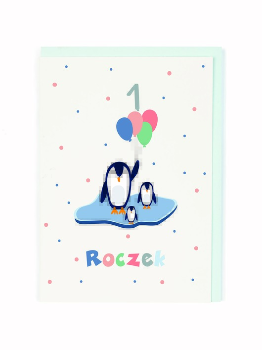 kartki, zaproszenia na chrzest roczek / pingwin