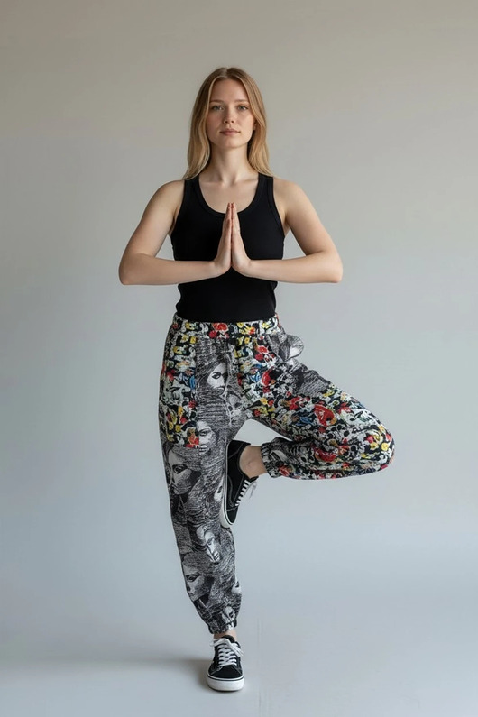 spodnie dresowe damskie Patchworkowe spodnie jerseyowe Wikalpa krój haremki rozmiar L