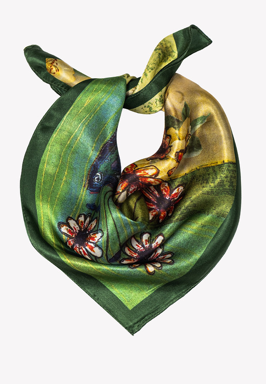 apaszki Mała apaszka damska jedwabna zielona w kwiaty 53x53cm