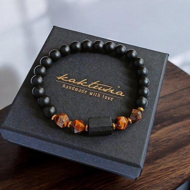 biżuteria męska SUKCES, OCHRONA, SIŁA :: tygrysie oko, turmalin, onyks :: gold