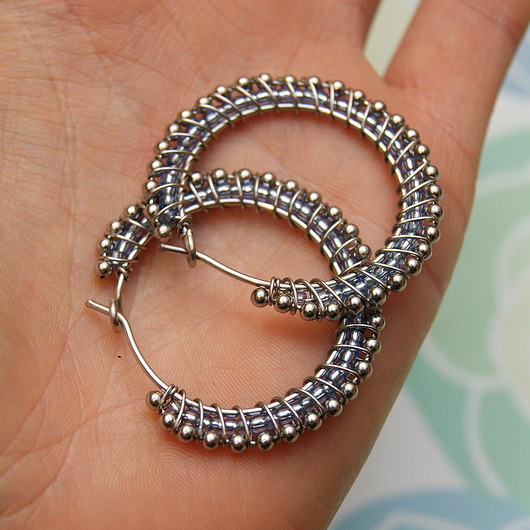 kolczyki wire wrapping Kolczyki kółka 3,8cm - princeski - stal nierdzewna - metaliczny niebieski