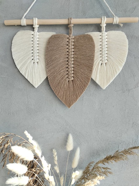 makramy Makrama Liście Beżowa Ozdoba Na Ścianę Warm Boho 40x30 cm
