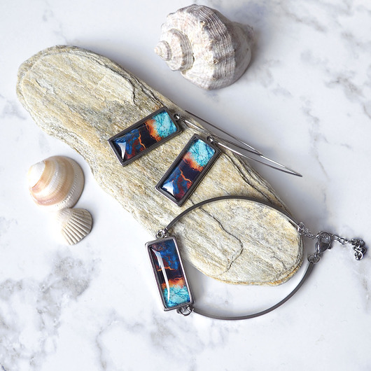 komplet biżuterii BALTIC MARBLE- UNIKATOWY KOMPLET  ze szkłem artystycznym