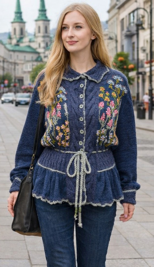 kardigany damskie Granatowy kardigan z haftami i falbanką, rozmiar L/XL