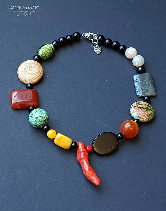 korale Ekskluzywny naszyjnik z mixu minerałów modny elegancki handmade PREZENT lux