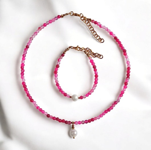 komplet biżuterii RAZEM TANIEJ! naszyjnik & bransoletka : fuchsia & pearl collection