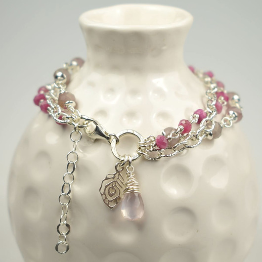 bransoletki z kamieni naturalnych Kwarc różowy z perłami w srebrze - bransoletka