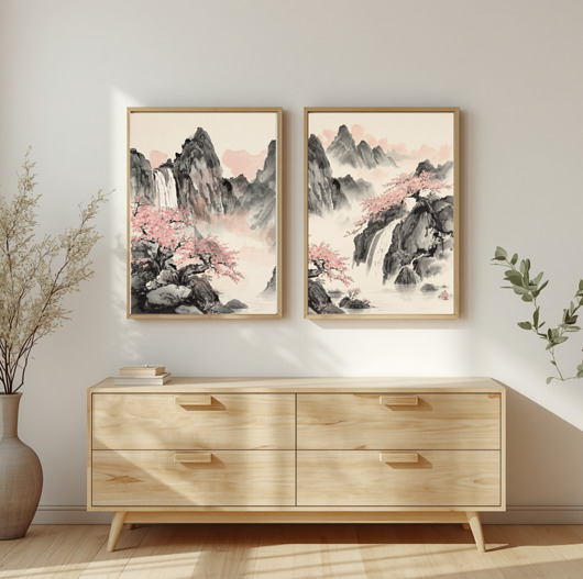 grafiki i ilustracje DWA PLAKATY japońskie natura górski krajobraz japandi dekoracja
