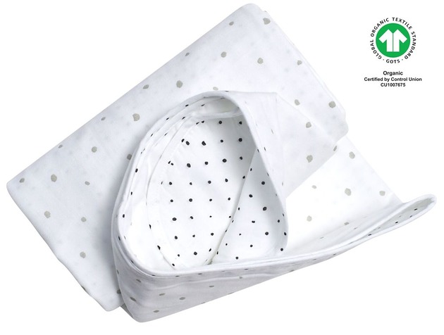 Organiczny dwuwarstwowy kocyk muślinowy 130x130cm kropeczki szare Motherhood
