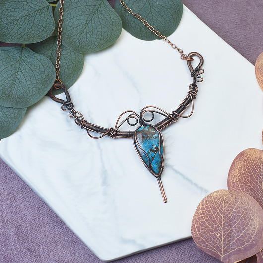 kolie Miedziany naszyjnik wire wrapping z turkusem #496