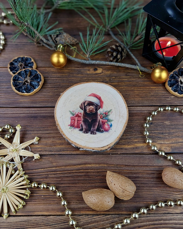 ozdoby choinkowe Brzozowa podkładka pod kubek, świąteczna zawieszka - labrador