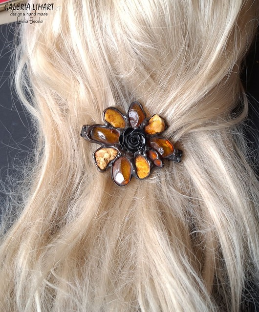 spinki i klamry do włosów Spinka do włosów bursztynowy kwiat UNIKAT ręcznie robiony prezent lux