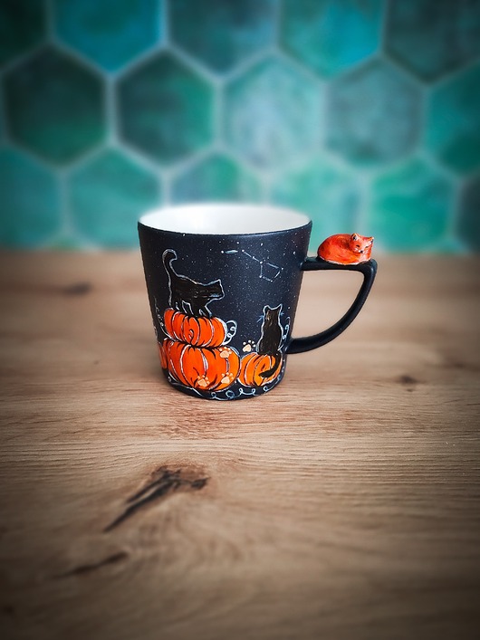 kubki Kubek ręcznie malowany - Dynia  i kot