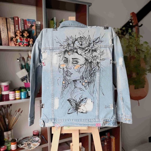 kurtki damskie Personalizowana kurtka jeansowa ręcznie malowana, ślub