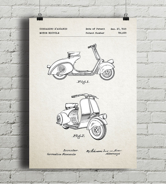 Vespa skuter - patent - plakat vintage minimalmill