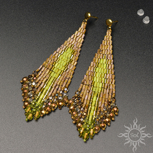kolczyki szklane Levantas, brązowozielone "indiańskie" kolczyki, beading