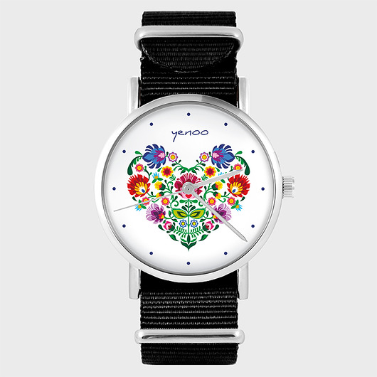 zegarki damskie Zegarek - Serce folkowe - czarny, nylonowy